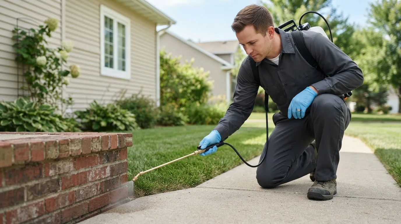 Pest control technician treating a home near Put In Bay, OH